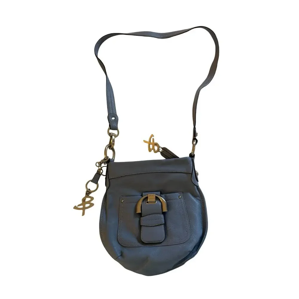 B Makowski Purse Blue Leather Crossbody Silver Hardware Pockets Zip Close Classi
